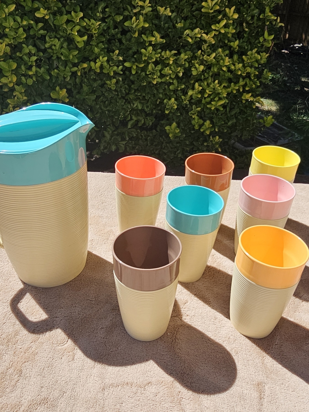 Vintage RaffiaWare by Thermo-Temp Pastel Plastic Pitcher and 7-Tumbler Set